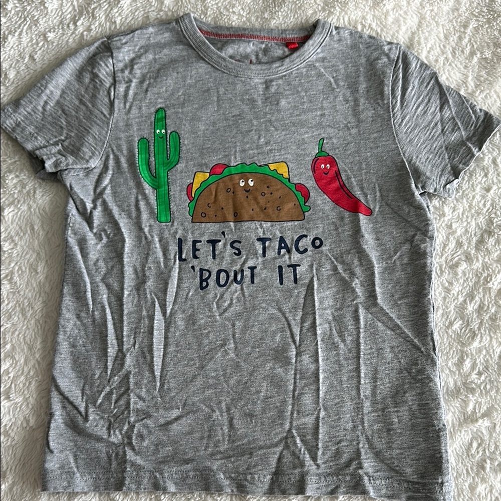 Mini Boden girls size 8-8 gray short sleeve taco theme shirt Taco Tuesday cute
